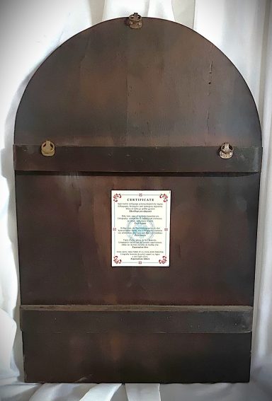 Certificate of Authenticity – Backside Backside of a handcrafted Orthodox icon with mounted certificate of authenticity