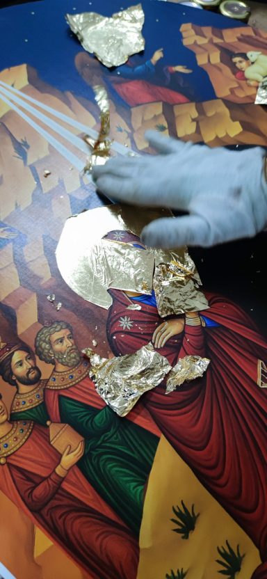 Detailed Gold Leaf Application Applying gold leaf details on a Byzantine Orthodox icon
