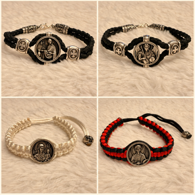 Greek Orthodox bracelets with religious medallions, braided black, white and red cords – Dimitrios-Ikons, Greece
