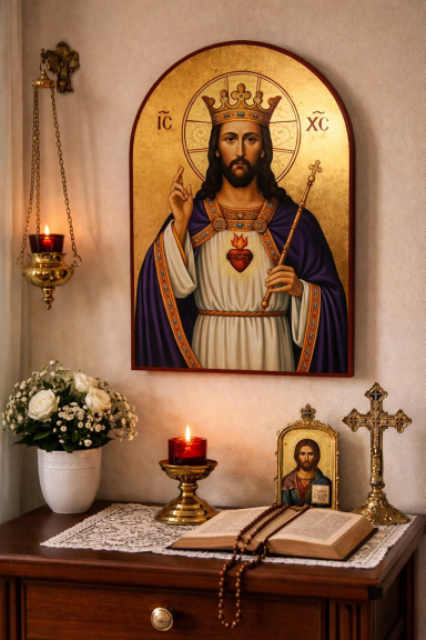 Orthodox Icon in Prayer Corner Handmade Orthodox icon of Christ the King displayed in a traditional prayer corner with candles and cross
