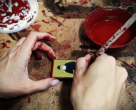 Hand-Painted Mini Icon Detail Hand painting fine details on a small Byzantine wooden icon